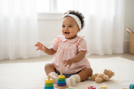 Smiling baby girl wearing a pink baby girl blouse playing with toys in a cozy nursery