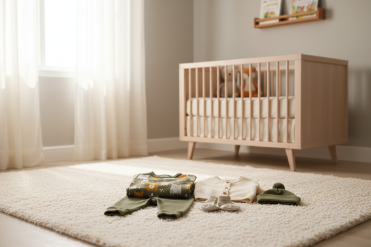 Soft gender neutral baby pants set with cardigan and hat in cozy modern nursery