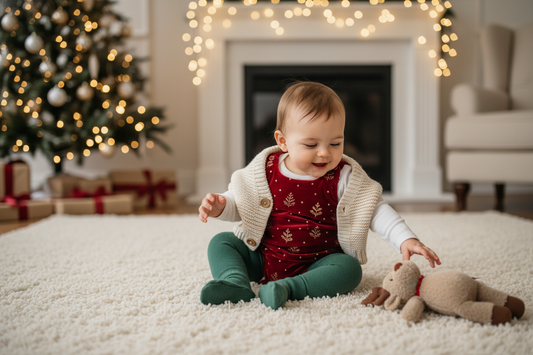 Adorable festive baby outfits for holiday celebrations featuring cozy knits and cheerful seasonal colors