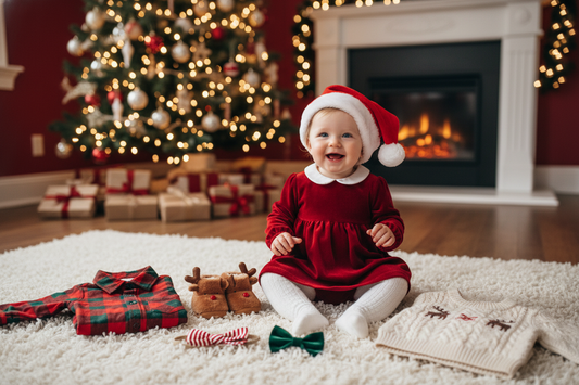 Smiling baby in festive attire with outfit options for parents using the baby holiday outfits guide