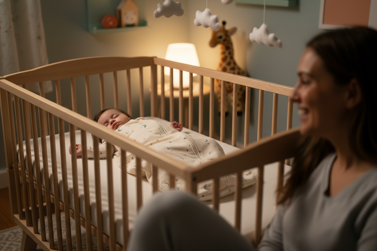 Baby sleeping peacefully in crib wearing hushies, perfect for thoughtful family gifts and comfort