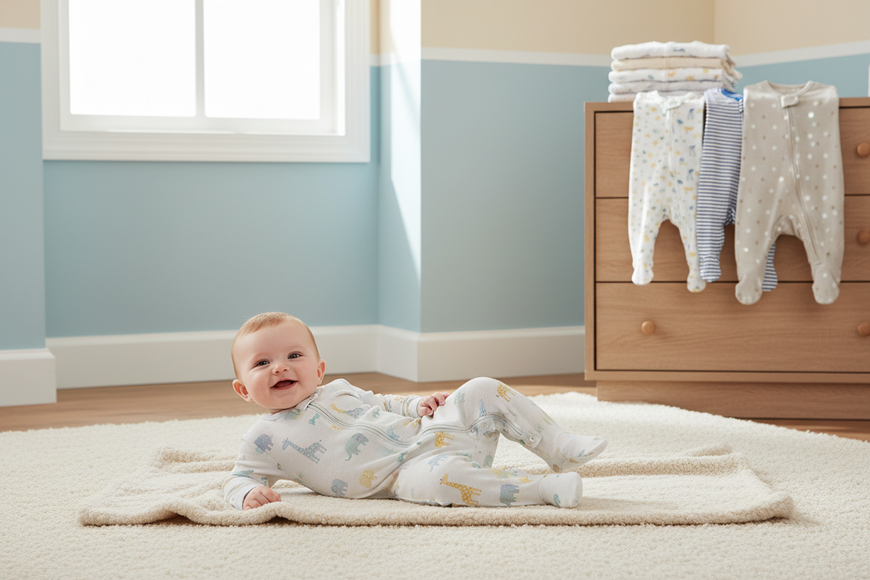 Smiling baby wearing a cozy footed jumpsuit in a nursery, perfect for gifting to little ones