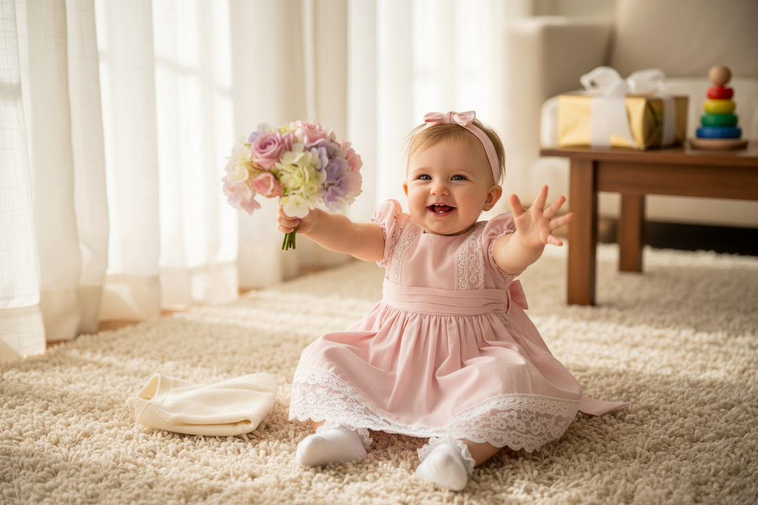 Smiling baby girl in a pink dress holding flowers for a special occasion celebration