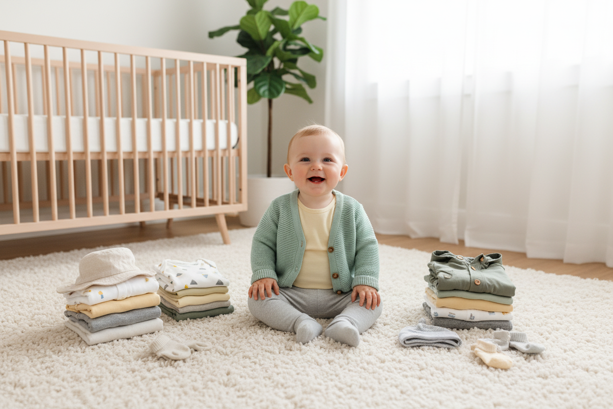 Smiling baby surrounded by neatly folded baby clothes unisex in a cozy nursery setting for parents