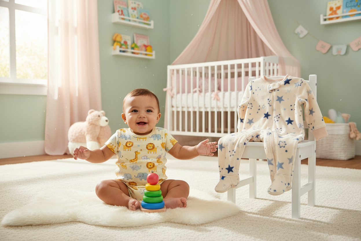 Smiling baby in nursery with colorful jumpsuits & rompers, perfect gift ideas for little ones