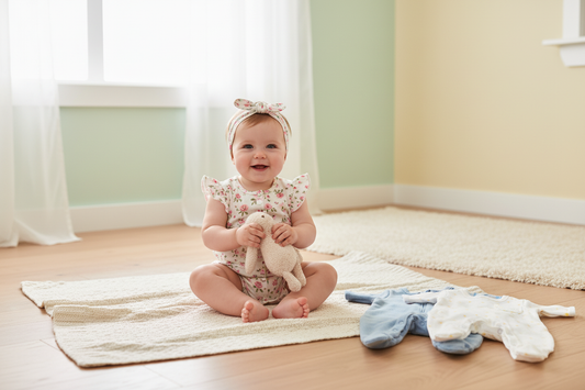 Smiling baby girl wearing floral baby girls jumpsuit with matching headband, perfect for stylish comfort