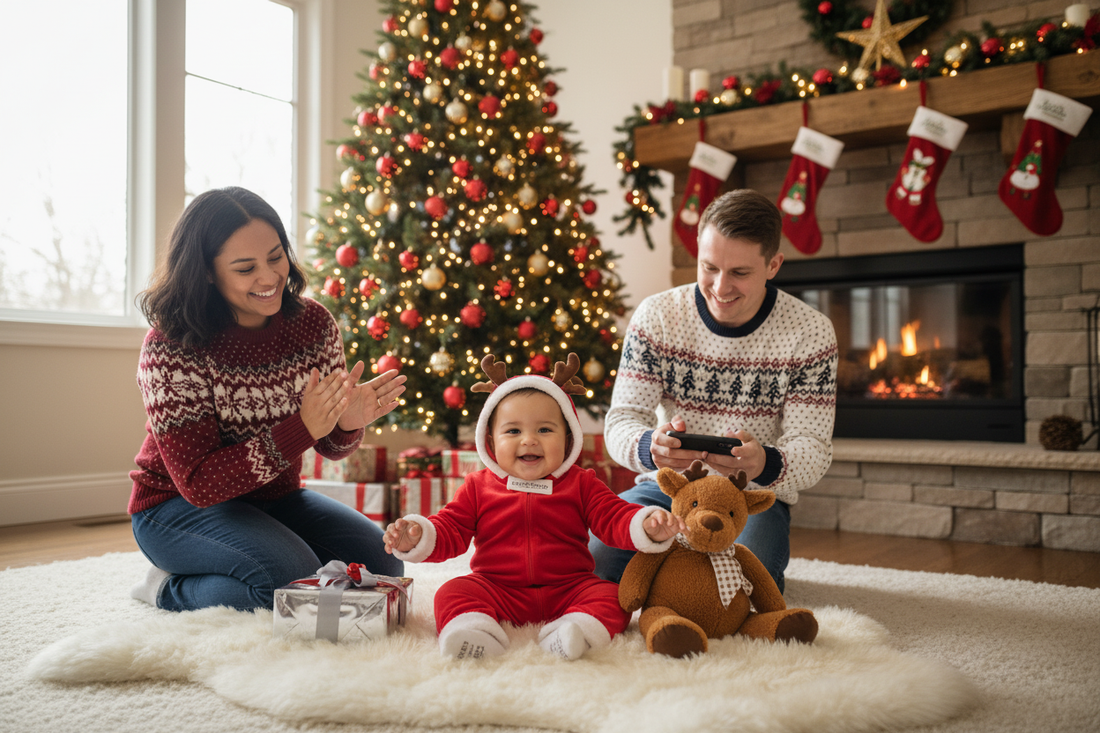 Smiling parents celebrate Christmas with their Santa Baby in festive pajamas by the tree and fireplace