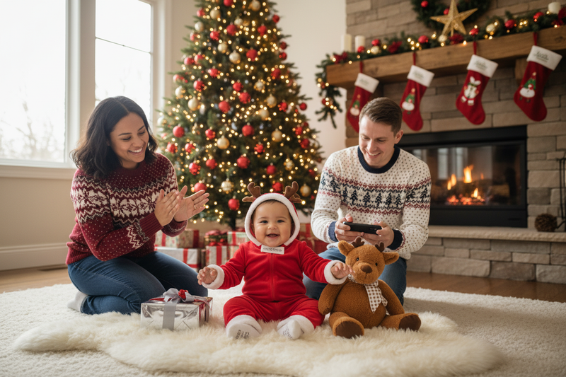 Smiling parents celebrate Christmas with their Santa Baby in festive pajamas by the tree and fireplace