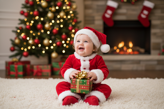 Smiling baby in a festive baby santa outfit holding a Christmas gift by the tree