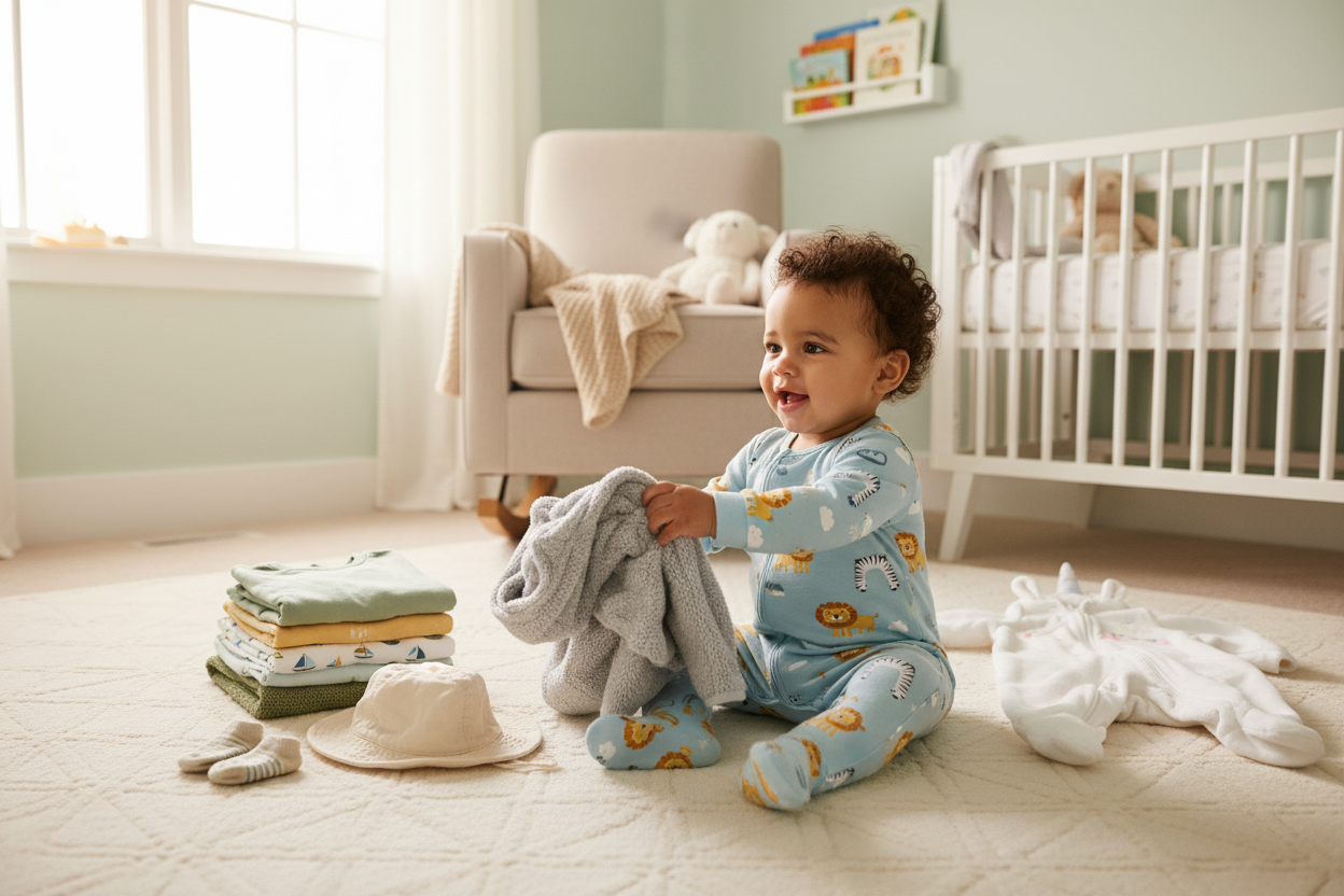 Smiling baby in nursery playing with cozy 6-12 month clothes, perfect for parents shopping essentials
