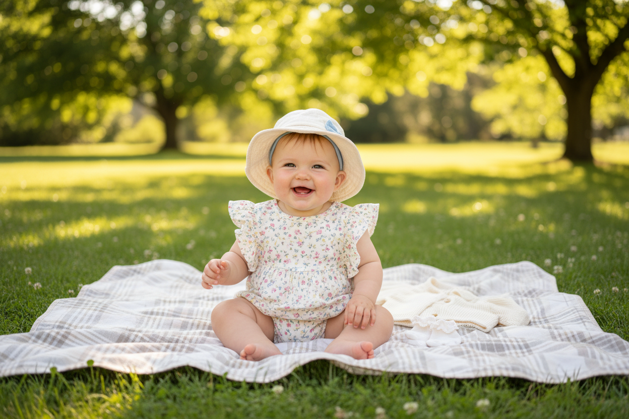 Smiling baby wearing breathable cotton baby rompers outdoors, perfect for comfortable summer playtime