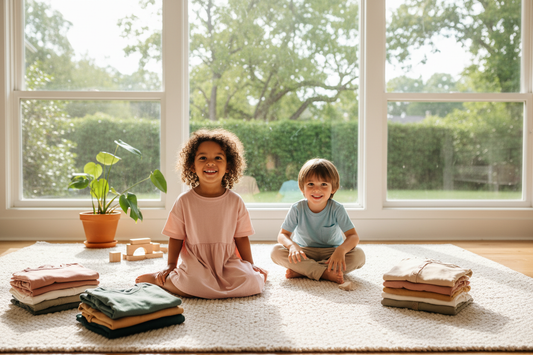 Smiling children in soft pastel outfits highlight comfortable kids clothes for everyday play
