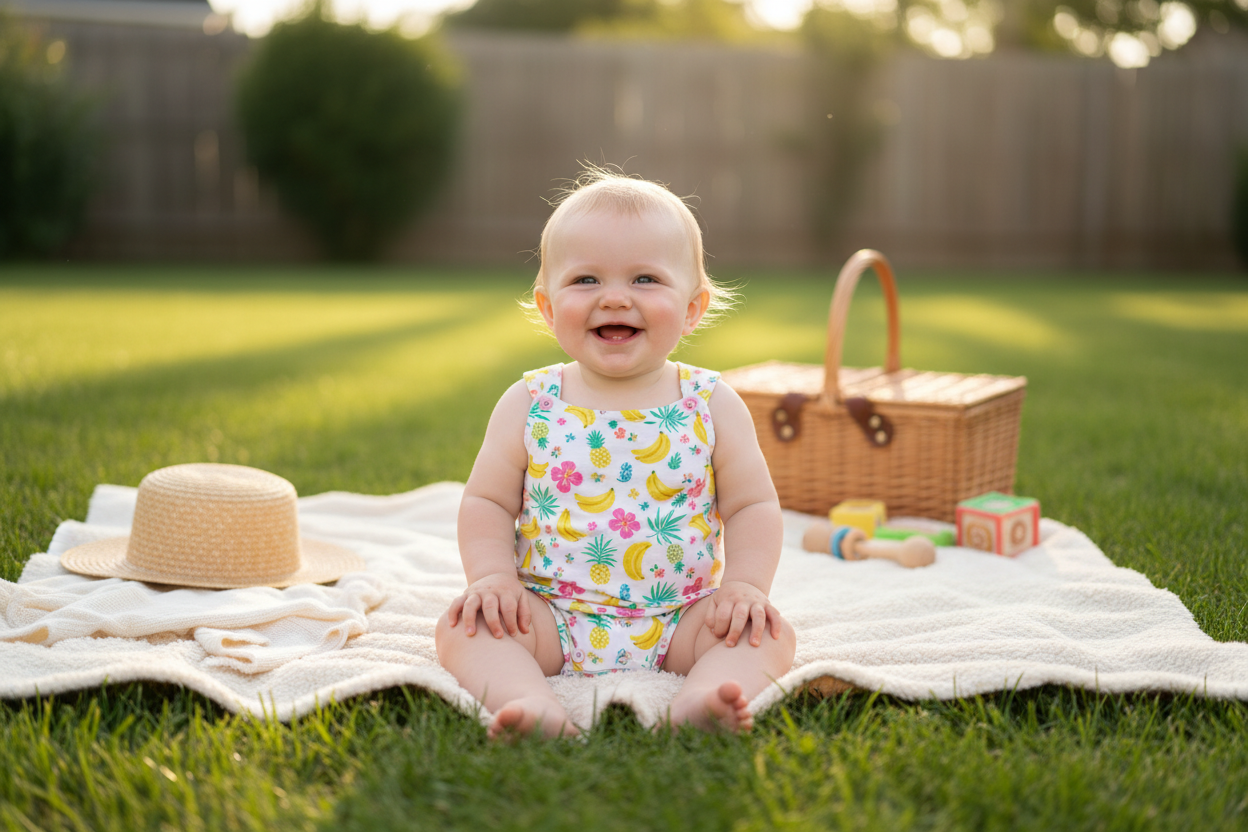 Smiling baby wearing colorful baby summer rompers at a picnic, perfect for warm weather family outings