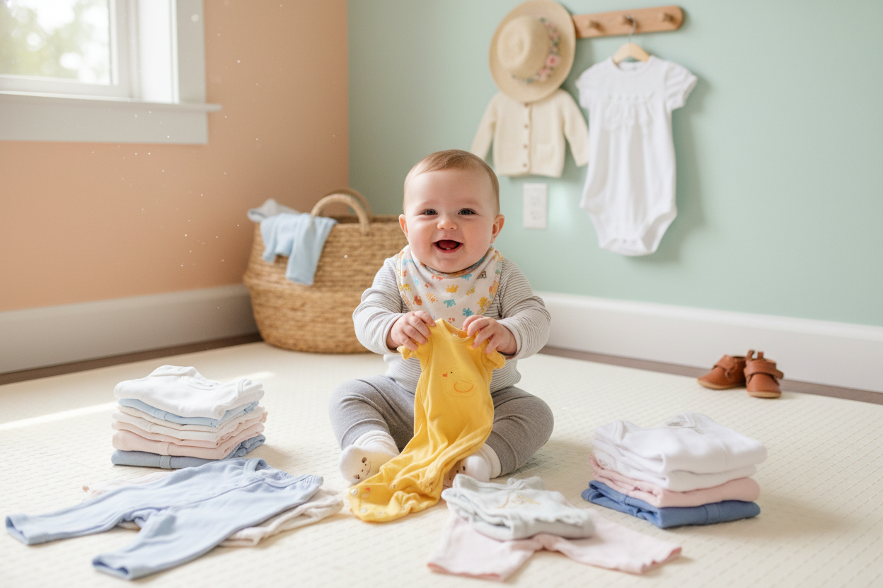 Smiling baby sitting among 6 9 months outfits, perfect gift ideas for family and friends