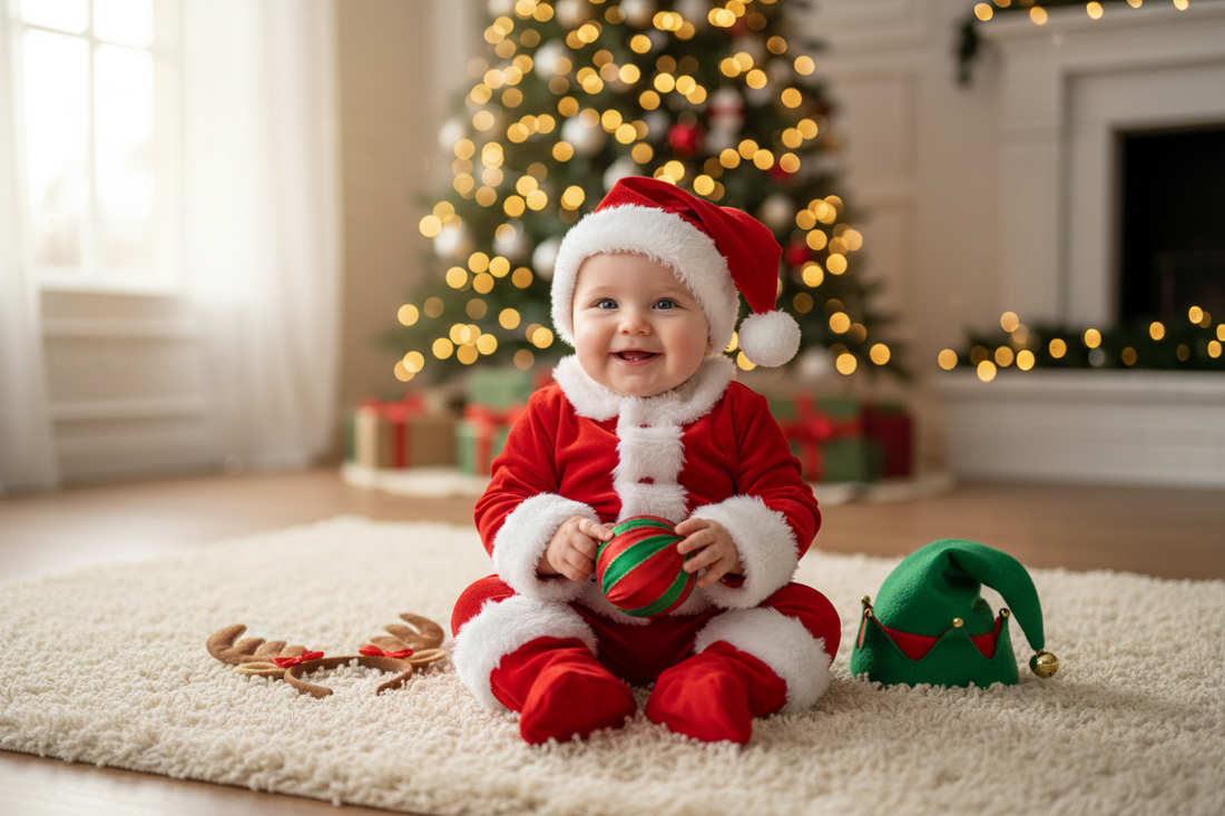 Adorable baby christmas outfits featuring a Santa suit, perfect for festive family photos
