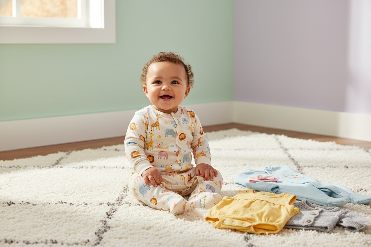 Smiling baby wearing animal print jumpsuit with colorful jumpsuits & rompers, perfect for thoughtful family gifts