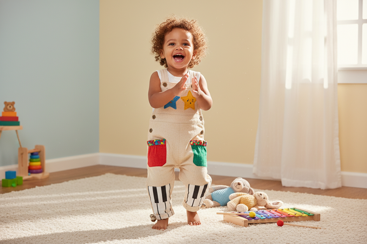 Smiling toddler wearing playful toddler musical clothing sets with piano keys and colorful pockets