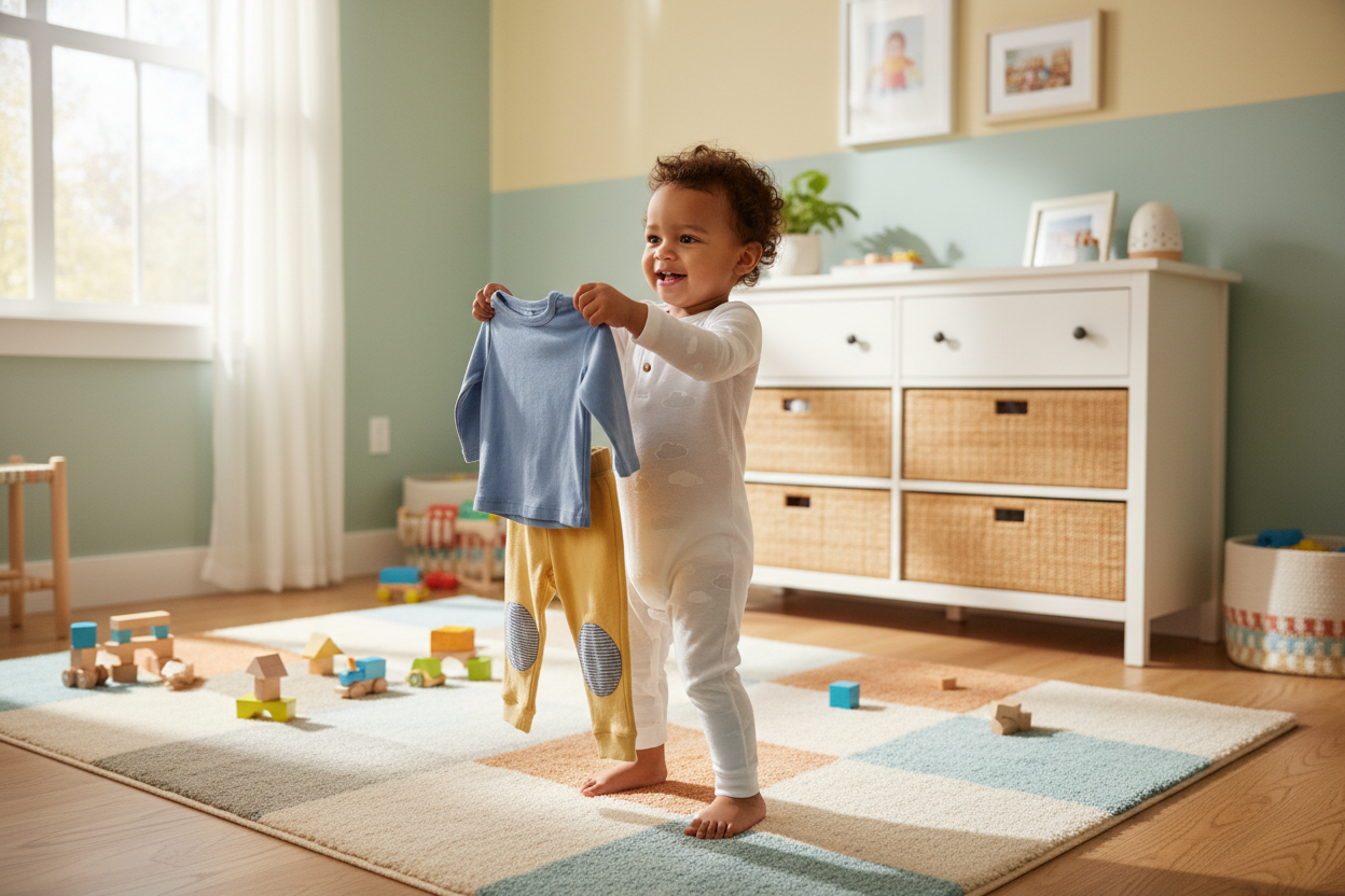 Smiling toddler holding a cute toddler outfit in a cozy nursery, perfect for family gift ideas