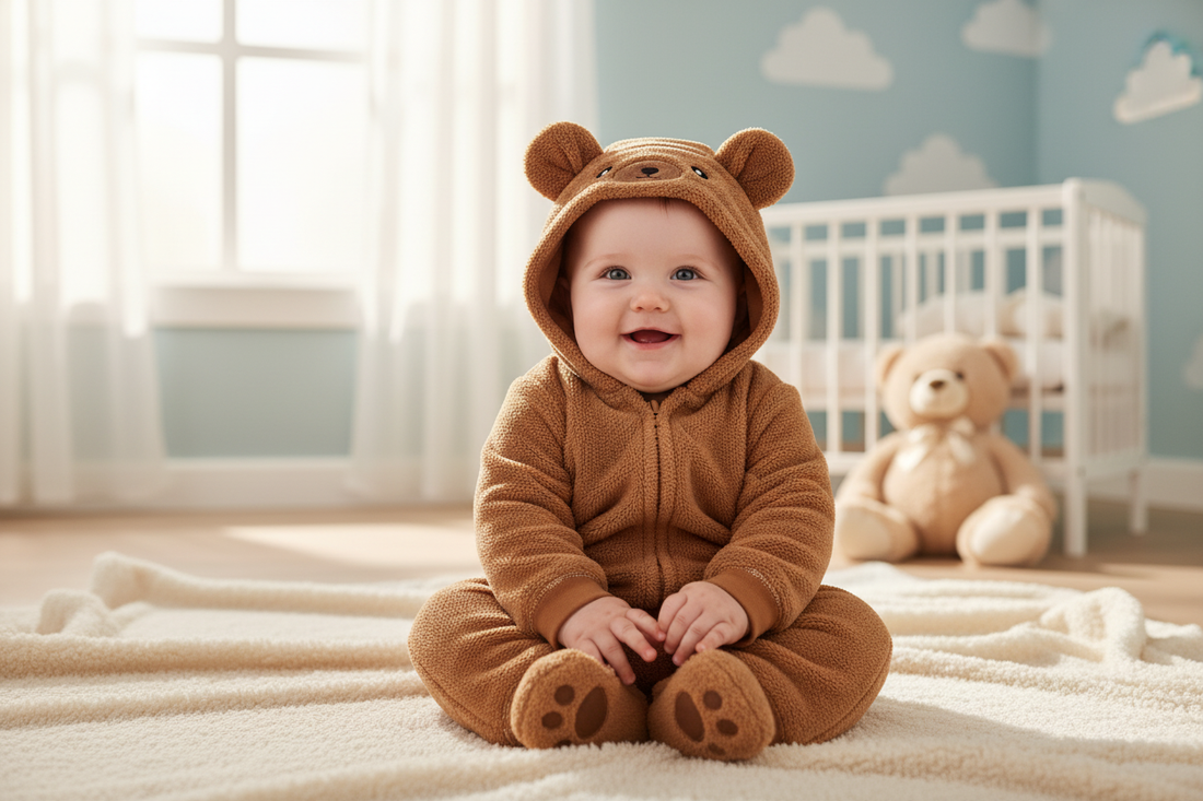 Smiling baby wearing a cozy bear jumpsuit in a nursery, perfect outfit inspiration for parents