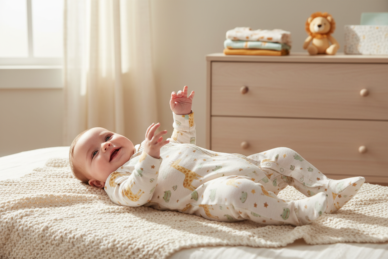 Smiling baby wearing cozy footed baby outfits in a nursery, perfect for comfortable sleep and play