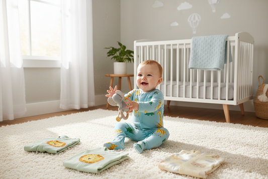 Smiling baby boy wearing a playful jumpsuit in a cozy nursery, discover adorable baby boy jumpsuit styles