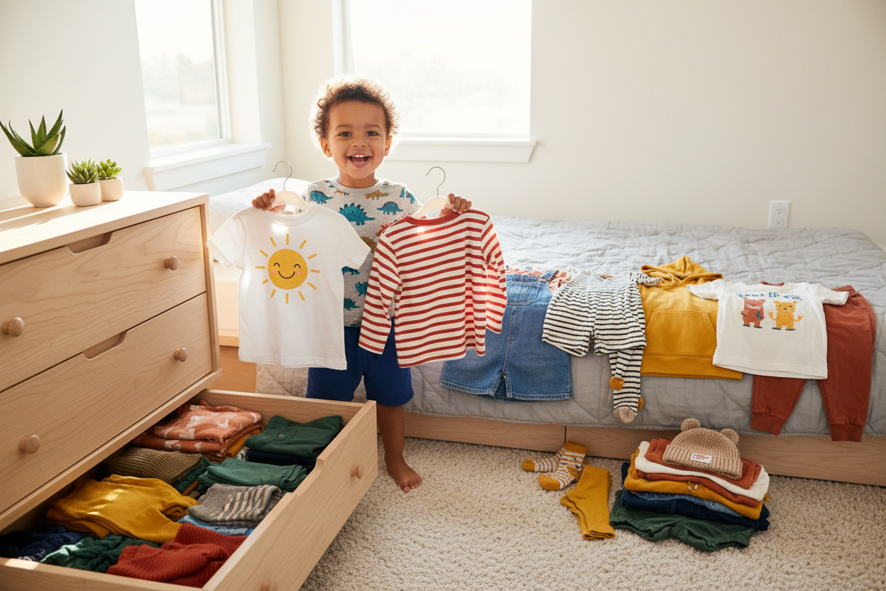 Smiling child choosing colorful #toddleroutfit options in a bright bedroom, perfect for family gift ideas