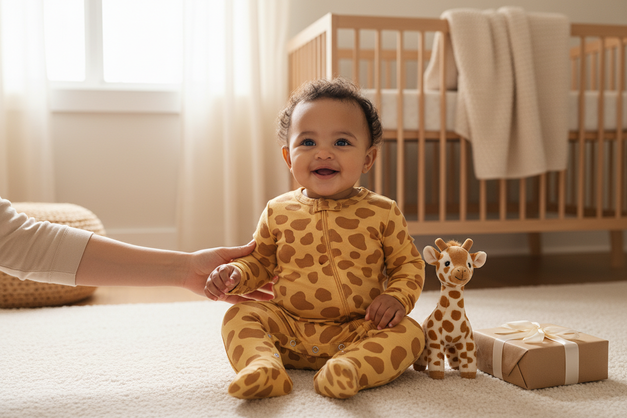 Smiling baby wearing a giraffe print jumpsuit with a plush toy, perfect gift idea for families