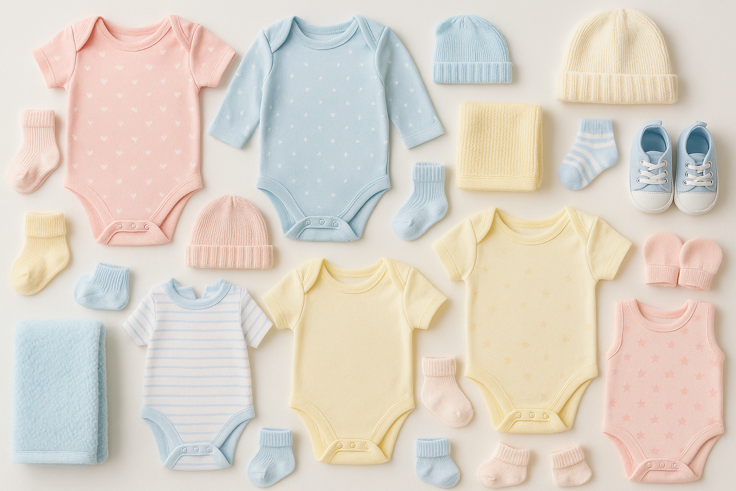 Flat lay of adorable baby clothes 0-24 months collection, featuring pastel bodysuits, soft socks, knit hats, and booties, perfect for keeping your little one comfortable and stylish.