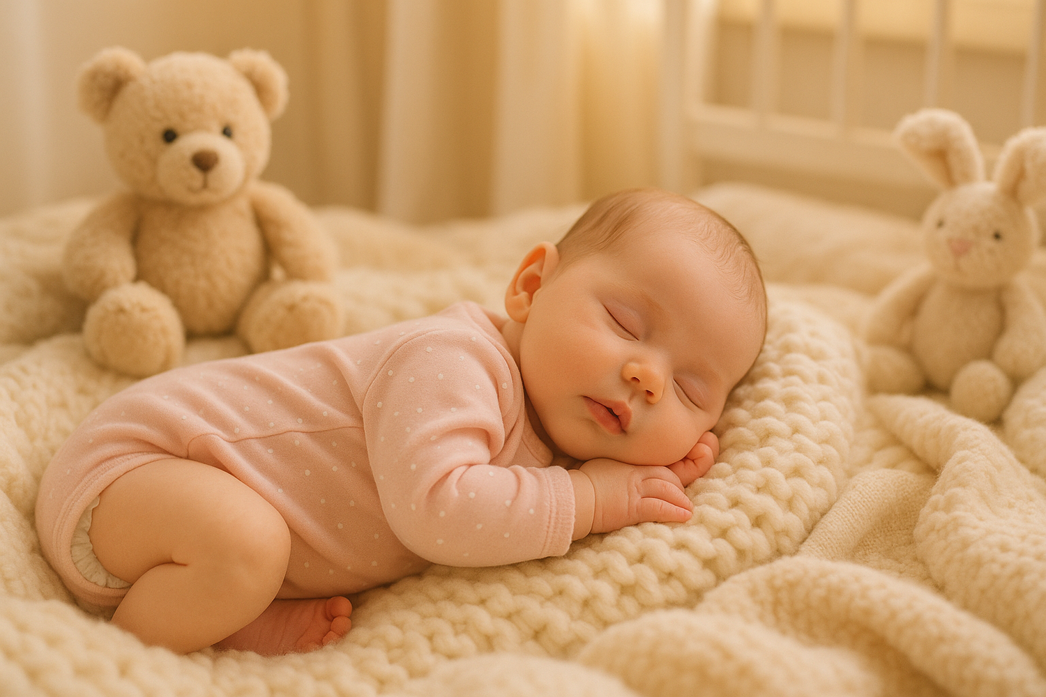 A peaceful baby sleeping in a cozy setting, showcasing the softness of 0 to 3 months baby clothing. This image highlights the comfort and quality of garments designed for newborns in the 0 to 3 months age range.