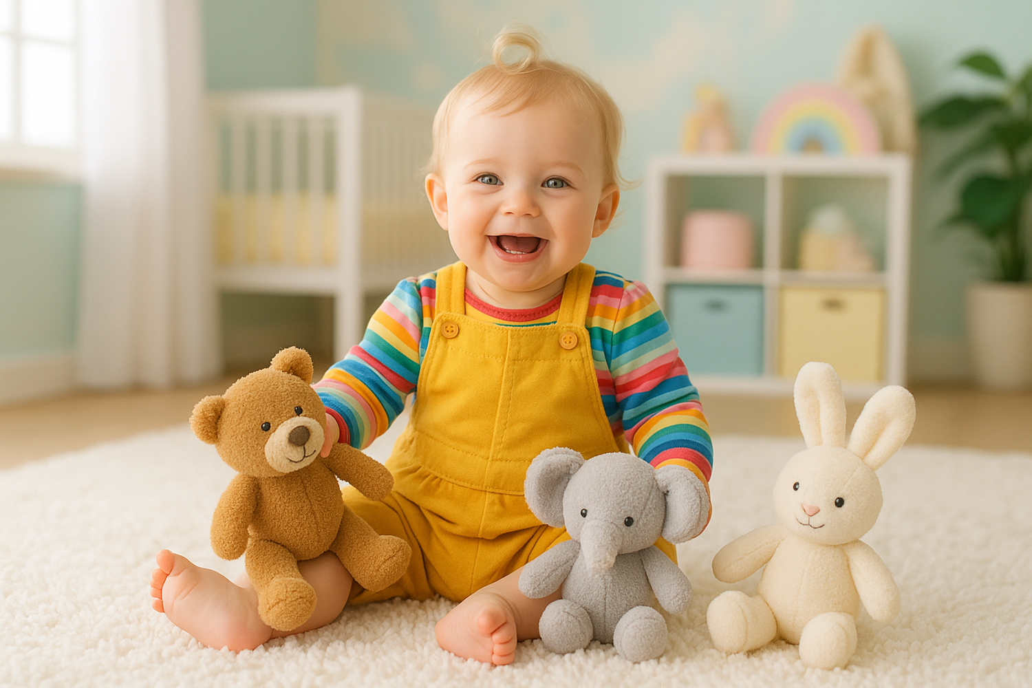 Happy toddler aged 12 to 18 months playing with plush toys, showcasing a vibrant and cozy environment, perfect for inspiring parents looking for 12 to 18 months baby clothing.