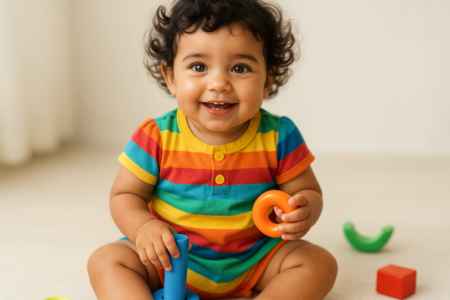 Happy toddler playing with colorful toys while wearing vibrant 18-24 months baby clothing from our collection. This stylish outfit features bright stripes, perfect for active play and comfort.