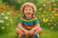 A joyful child wearing a colorful striped shirt sitting in a vibrant flower garden, embodying the essence of the 5-6T collection.