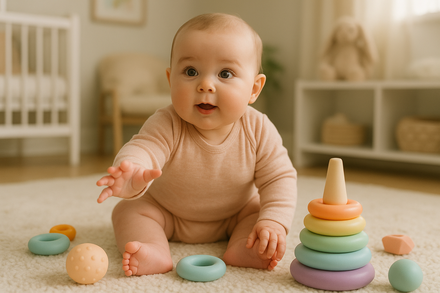 Happy baby sitting on a soft rug, exploring colorful stacking toys while wearing cozy attire from the 6-9M collection. Discover the comfort and style of 6 to 9 months baby clothes designed for growth and safety.