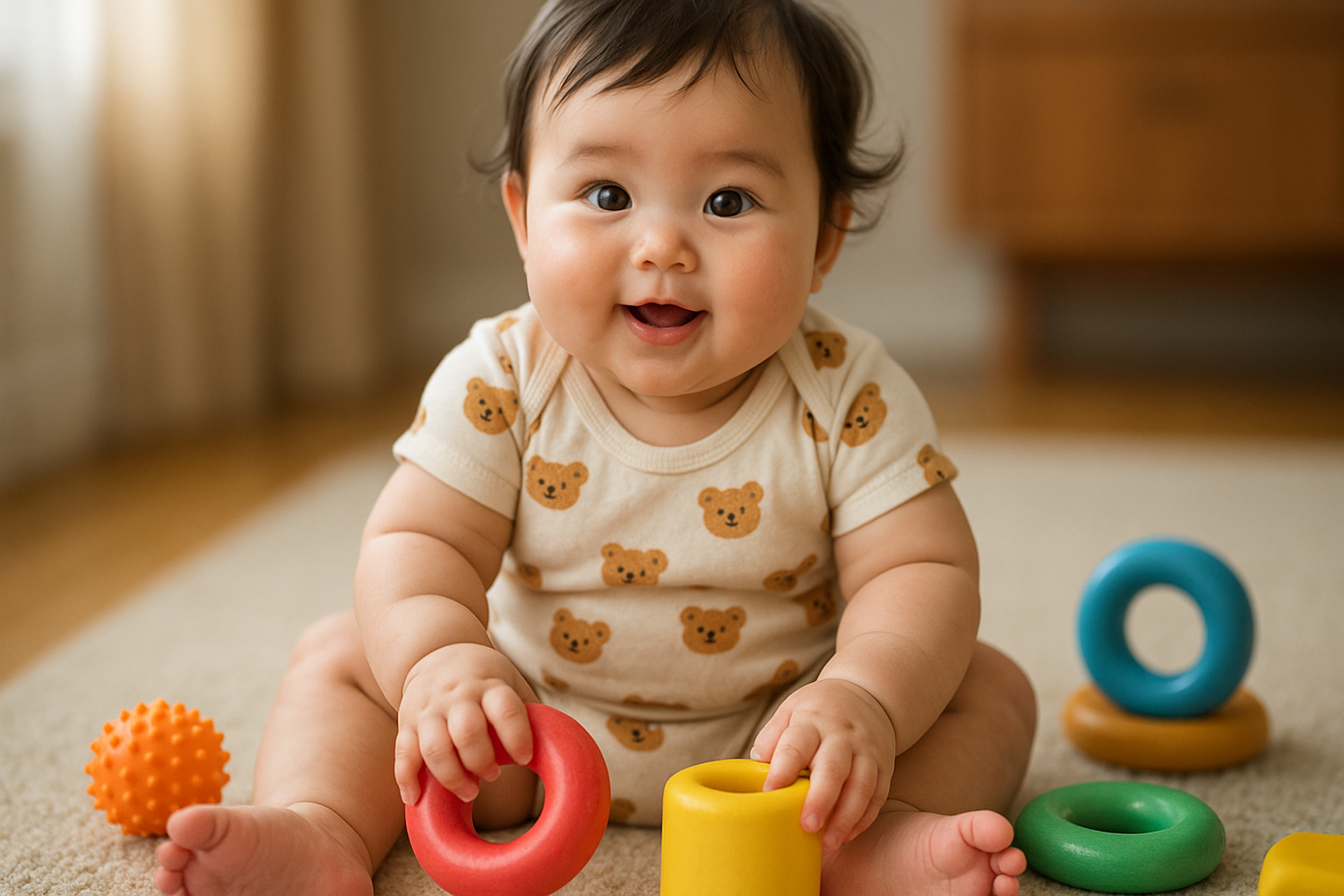 Cute baby boy wearing a bear print onesie, playing with colorful stackable rings on a soft rug, ideal for 9 to 12 months baby clothing.