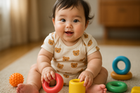 Cute baby boy wearing a bear print onesie, playing with colorful stackable rings on a soft rug, ideal for 9 to 12 months baby clothing.