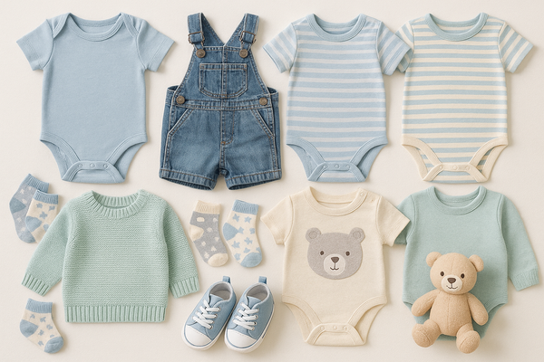 A charming collection of baby boy clothes featuring adorable bodysuits, denim overalls, cozy sweaters, and cute accessories, showcasing soft colors and fun designs ideal for little ones.
