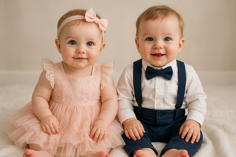 Adorable baby outfit and sets clothing featuring a baby girl in a pink dress and a baby boy in a classic gentleman's outfit with bow tie and suspenders, perfect for special occasions.