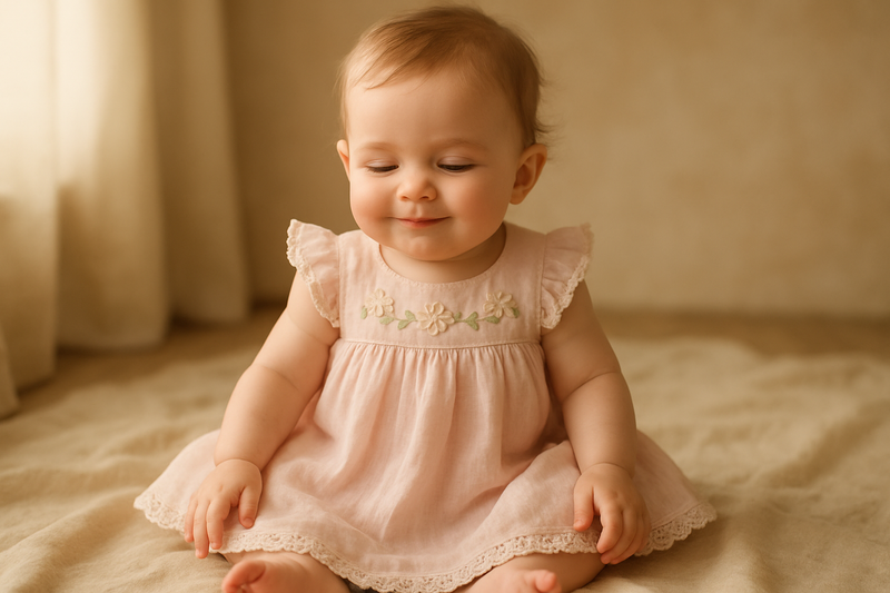Adorable baby girl wearing a charming pink dress with ruffled sleeves, embodying the essence of comfortable baby dresses. Perfect for special occasions or everyday wear.