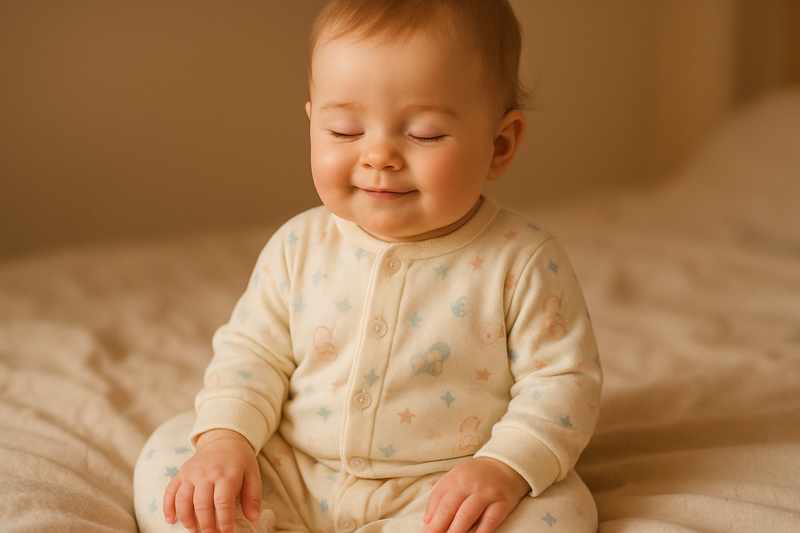 A smiling baby sitting comfortably in cozy Baby Sleepwear, showcasing soft cotton pajamas for babies with cute pastel patterns, perfect for ensuring a restful night's sleep.