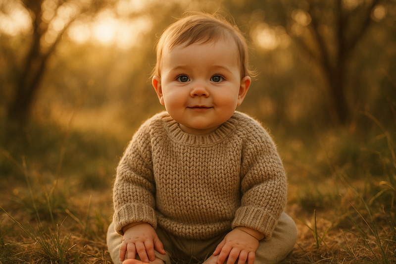 Cute baby wearing cozy knitted outerwear, sitting outdoors among tall grass during golden hour. Part of our Baby Outerwear collection, designed for warmth and style.