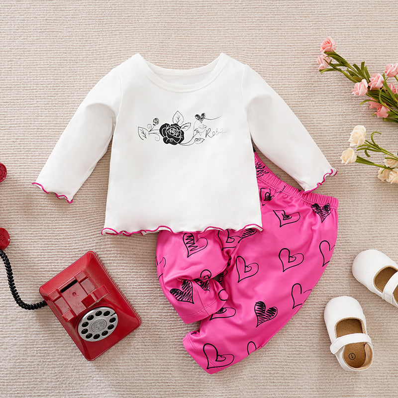 Adorable Little Lovebug Baby Girl Clothing Set - Soft Cotton Outfit for Infants with heart print pants and floral top edge detailing