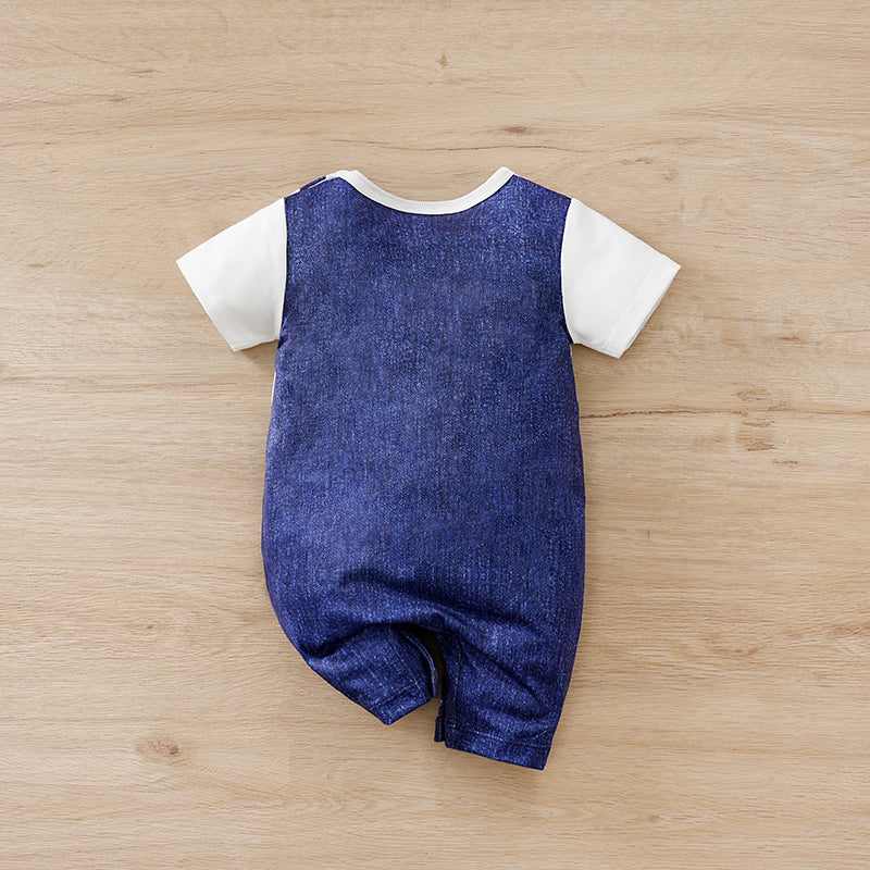 Unisex Baby Romper - Trendy Denim Dream Print, Comfy Fit showing back view of navy blue and white short sleeve infant outfit