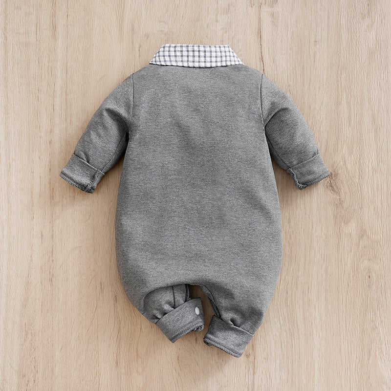 Baby Boy Cotton Gentleman Outfit - Soft, Stylish, Eco-Friendly Jumpsuit with Classic Design showing back view on wooden surface