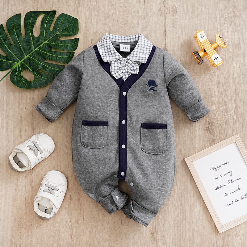 Baby Boy Cotton Gentleman Outfit - Soft, Stylish, Eco-Friendly Jumpsuit with Classic Design in gray with pocket and collar detail
