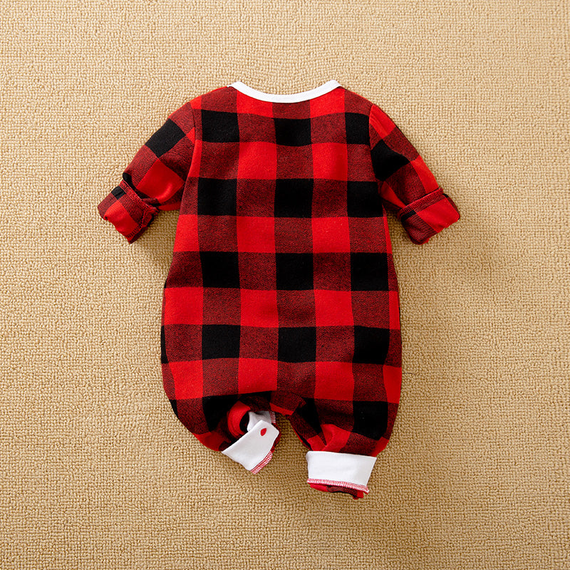 Gender Neutral Baby Jumpsuit With Festive Plaid Design, Soft Cotton, Easy Snap Closure in red and black checks infant outfit
