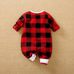 Gender Neutral Baby Jumpsuit With Festive Plaid Design, Soft Cotton, Easy Snap Closure in red and black checks infant outfit