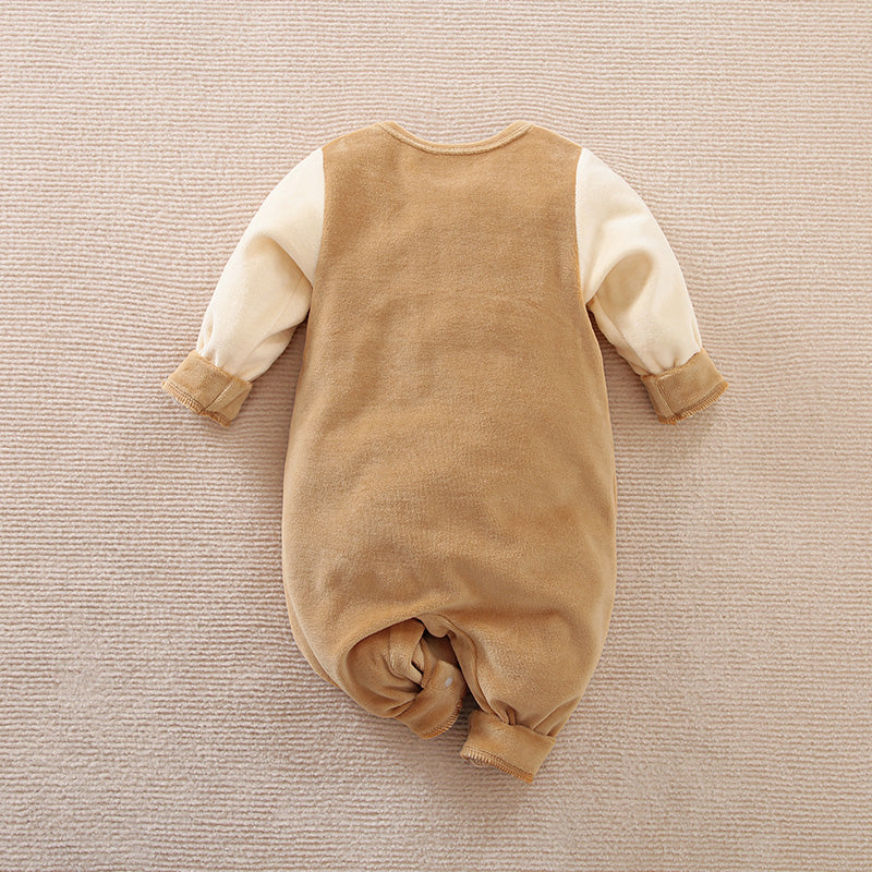 Adorable Reindeer Baby Jumpsuit - Cozy Gender Neutral Outfit for Festive Holidays with soft beige and cream fabric baby romper