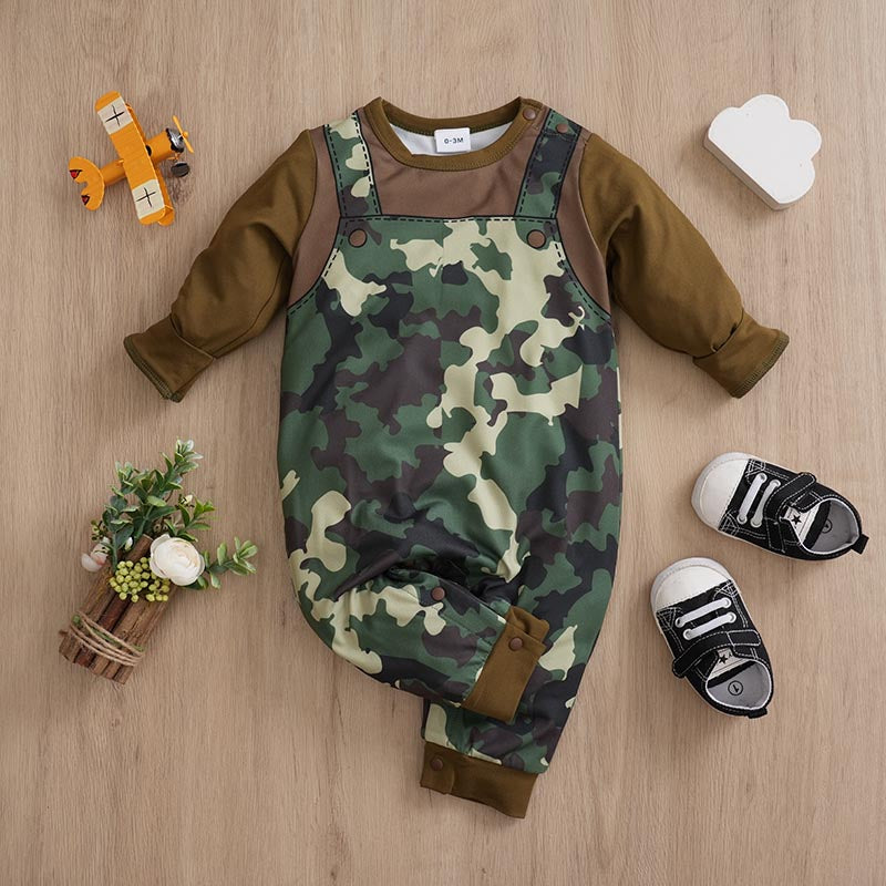 Cute Baby Boy Camouflage Print Jumpsuit | Stylish Camouflage Baby Clothes with snap buttons and long sleeves infant outfit