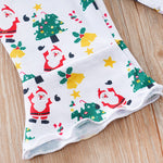 Baby Girls First Christmas Outfit – Ruffle Bodysuit Set showing festive holiday print with Santa, trees, bells, and stars on soft fabric