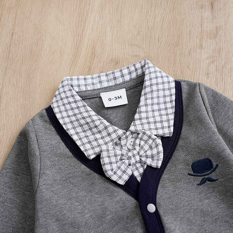Baby Boy Cotton Gentleman Outfit - Soft, Stylish, Eco-Friendly Jumpsuit with Classic Design close-up of collar and bow tie detail